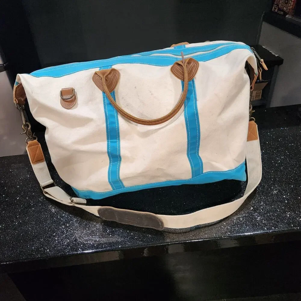 VTG LL Bean Boat & Tote Leather Handles Canvas Weekender Duffle Zip Strap Bag XL